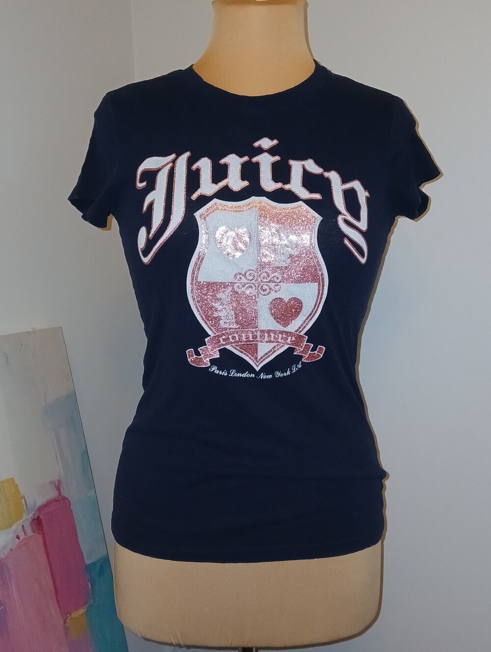 Vintage Y2K Made In USA Juicy Couture Logo Shield Graphic Cotton Tee, Sparkly